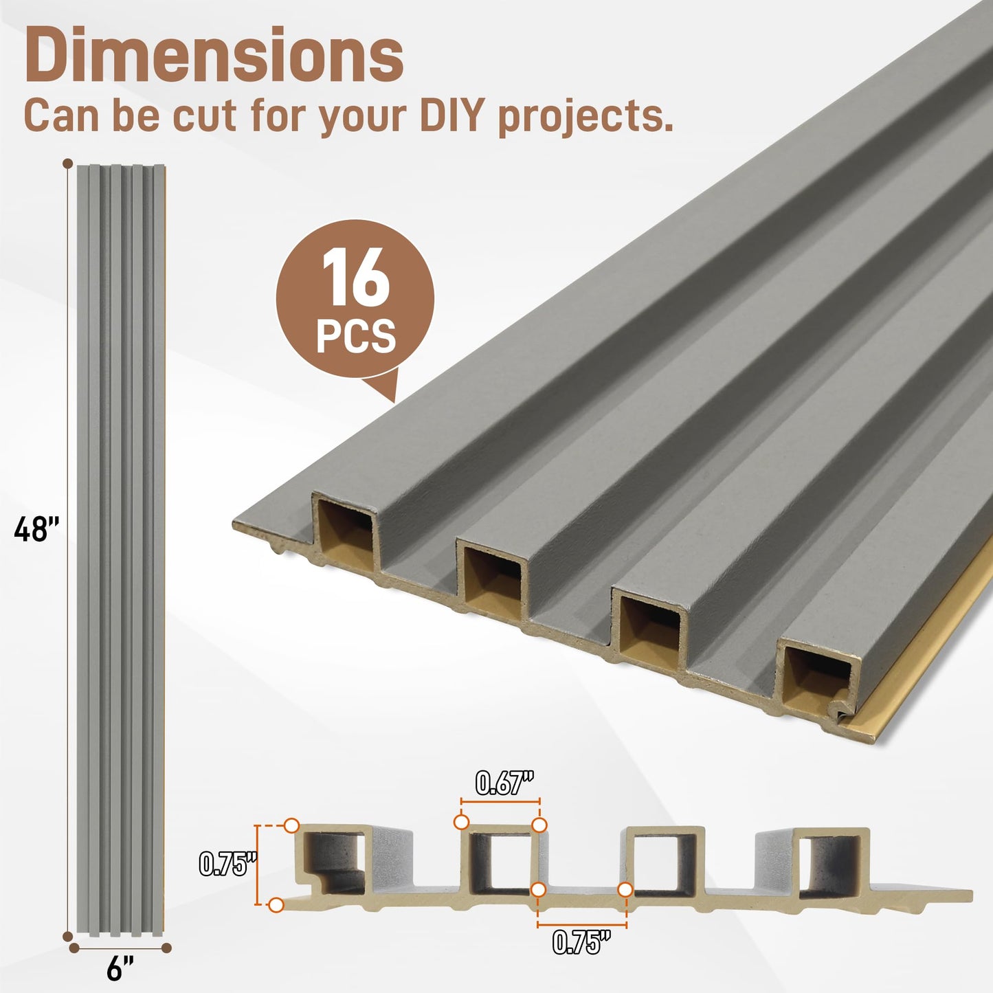 LETKEYS 16 Packs 3D Wall Panels, 48 x 6 Inch WPC Slat Wall Panels for Wall Decor, Fluted Accent Wall Paneling for Living Room Bedroom TV Background Study Room Office, Grey Oak