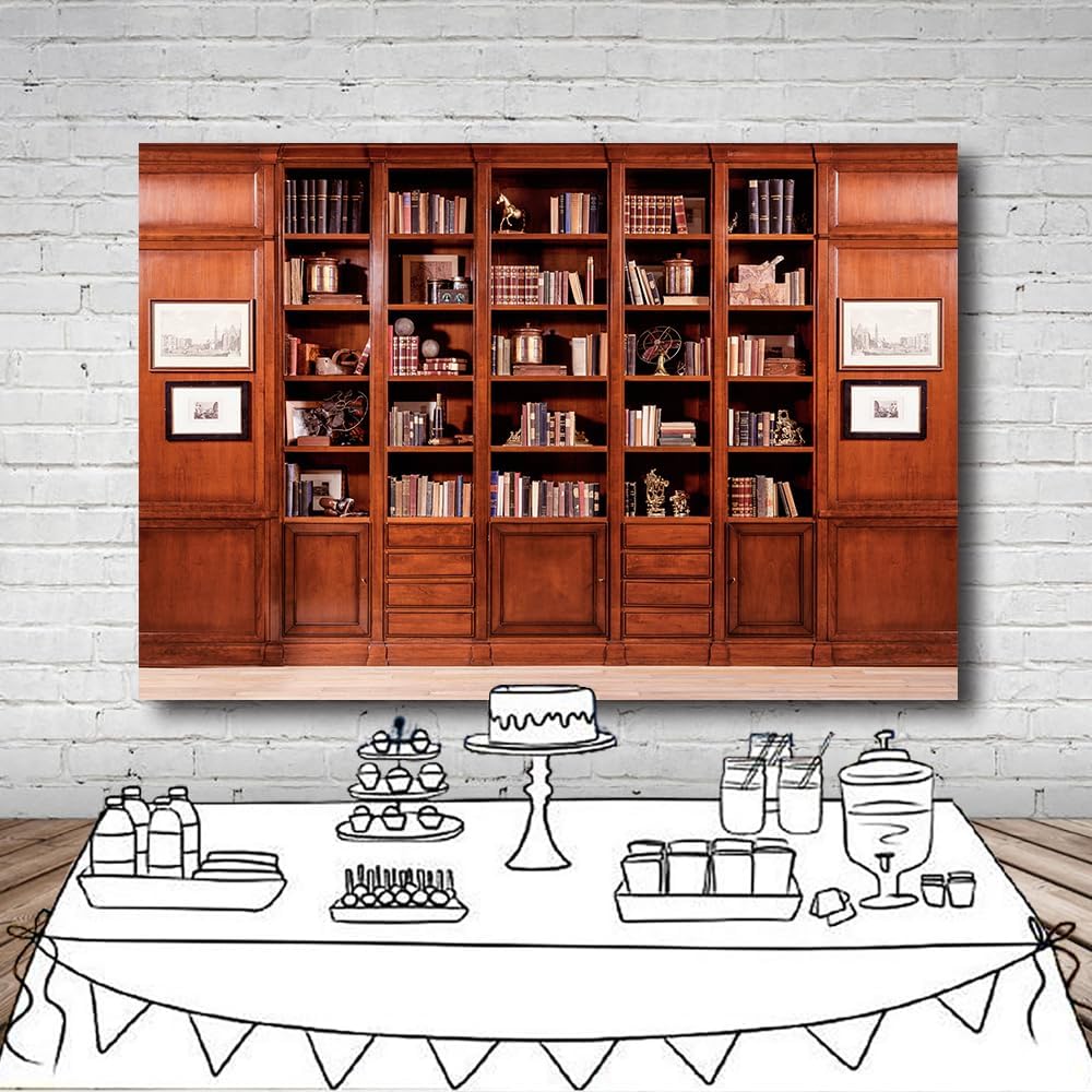 DULUDA 7x5 FT Brown Bookshelf Backdrop Library Modern Bookcase Office Backdrop Video Recording Internal Conference Room