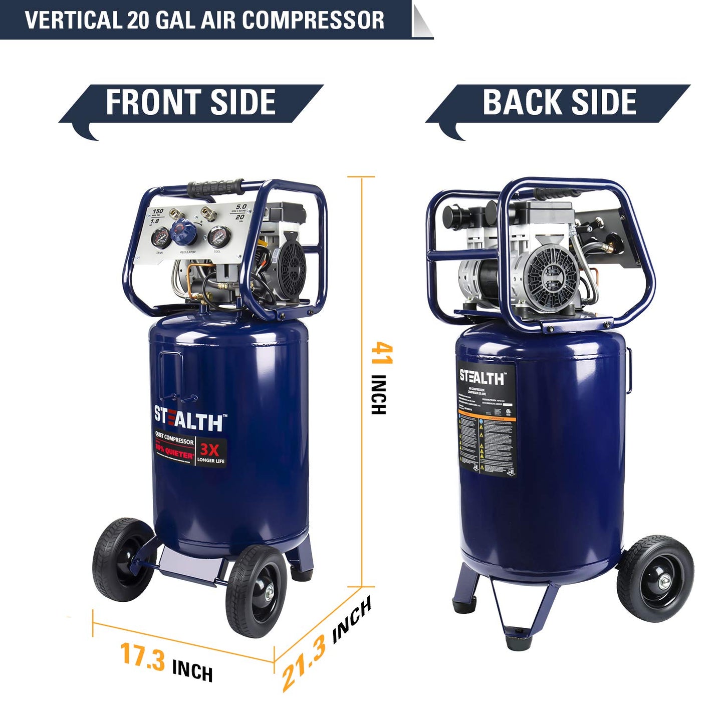 Stealth 20 Gallon Ultra Quiet Air Compressor,1.8 HP Oil-Free Peak 150 PSI 68 Decibel, 5.5 CFM @ 40 PSI 5 CFM @ 90 PSI Silent Long Life Electric Air Compressor W/Wheel for Garage