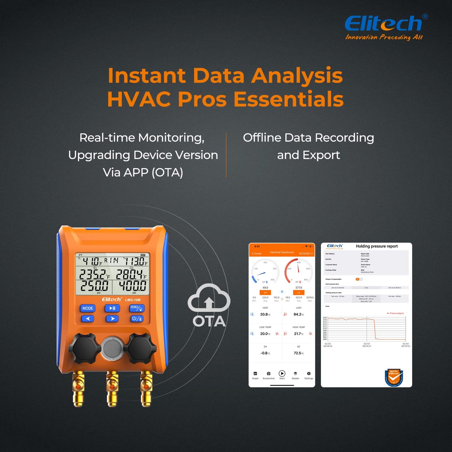 Elitech Wireless Digital Manifold Gauge Set Data Logging Refrigerant HVAC Gauges with Hoses, Temperature Clamps, LMG-10W