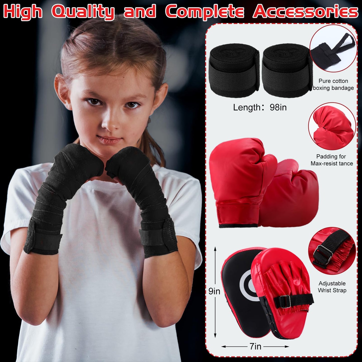 7 Pcs Kids Punching Bag Set Include Boxing Gloves, Inflatable Punching Bag, Hand Wraps, Hand Pads, Air Pump, Kids Boxing Training Set for Karate Kickboxing Taekwondo(Red)