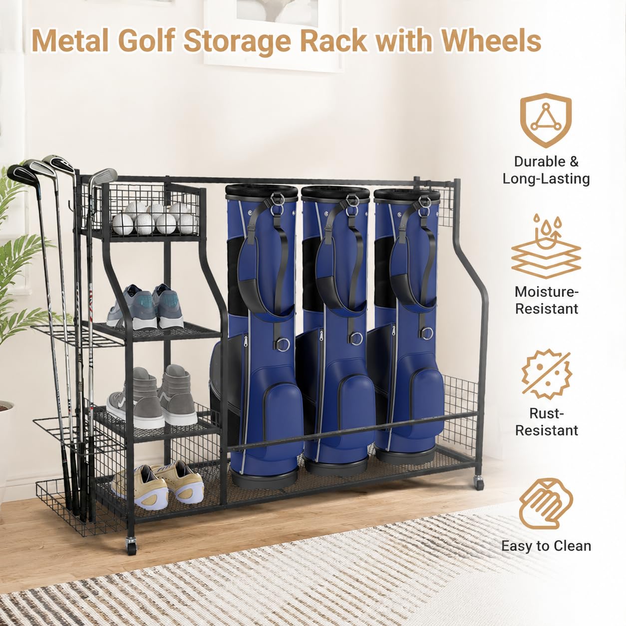 Zevemomo Metal Golf Bag Storage Organizer with Wheels for Garage, Golf Bag Storage Rack, Golf Bag Holder for Garage, Large Golf Equipment Storage Organizer for Golf Clubs, Hats, Gloves, Balls, Black