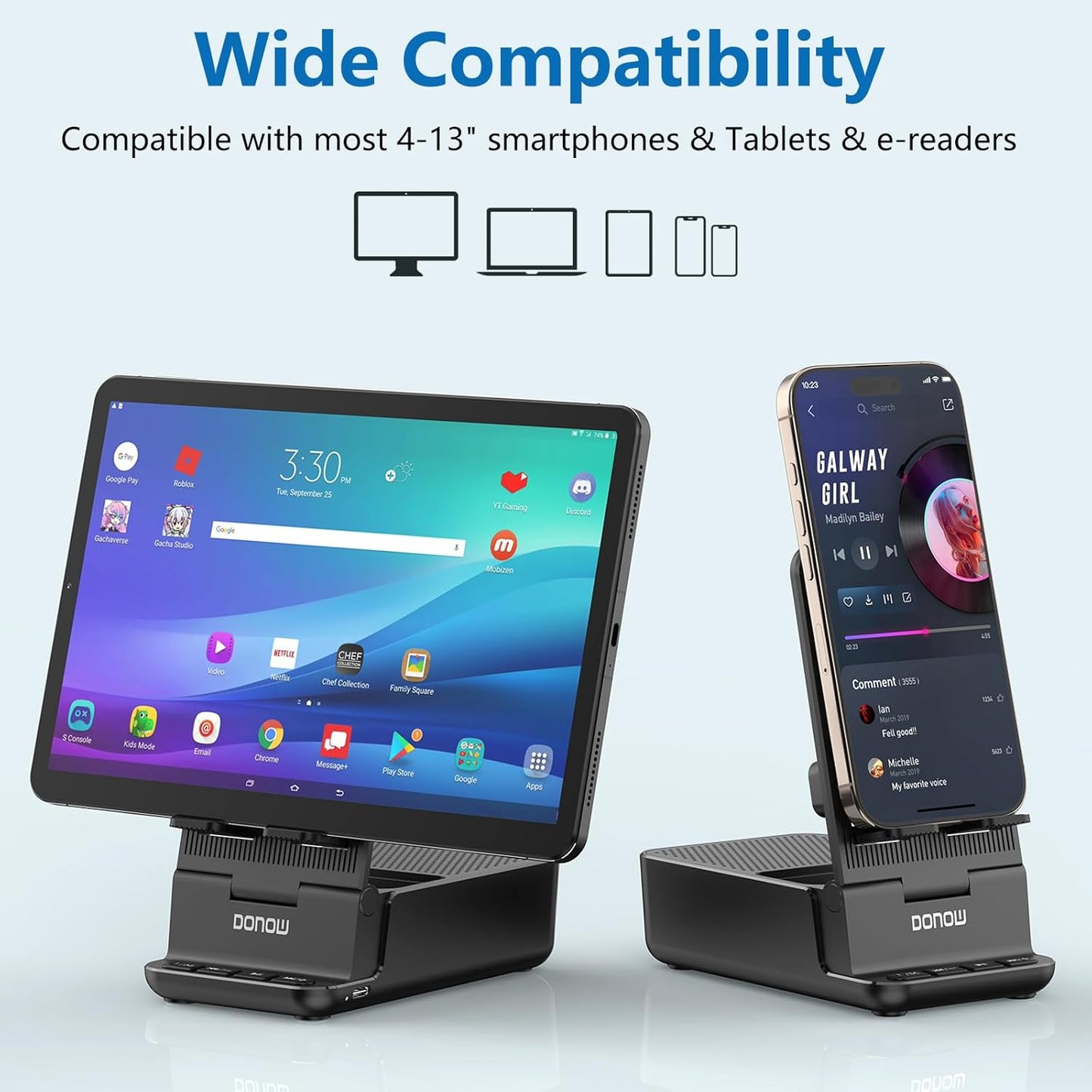 DONOW Wireless Induction Bluetooth Speaker with Cell Phone Stand, HD Surround Stereo Sound Foldable Phone Holder