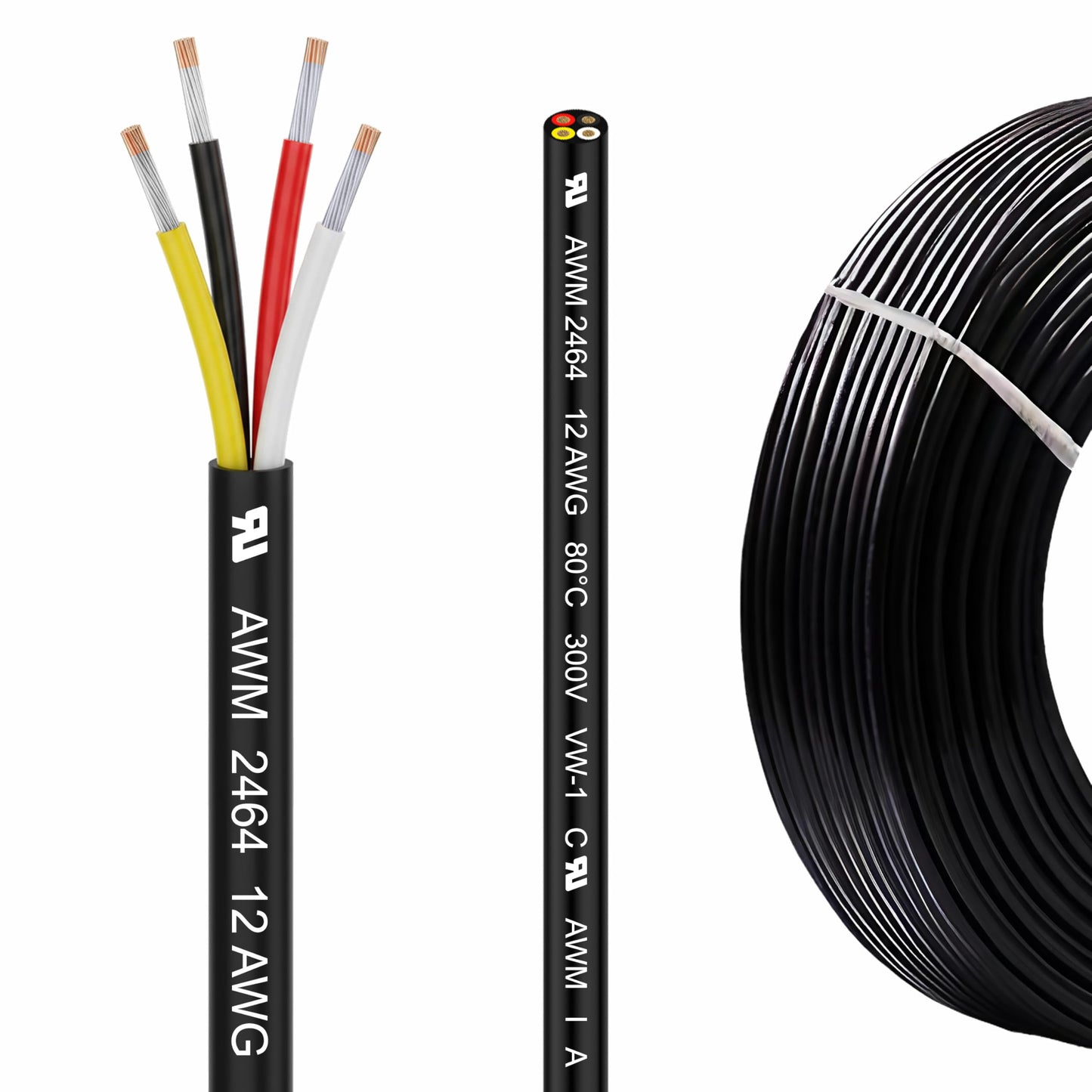 LINKSQ UL2464 50FT 12 Gauge 4 Conductor Electrical Wire, Tinned Oxygen Free Copper 4 Wires, 12/4 AWG Landscape Wire, OFC Speaker Cable, Low Voltage Wires, Automotive Battery Wire Cable