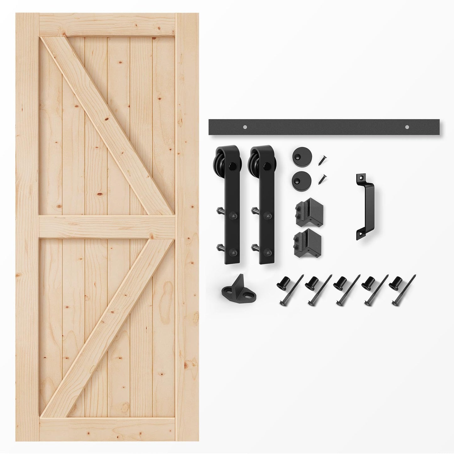 EaseLife 36in x 84in Sliding Barn Door with 6.6FT Barn Door Hardware Kit & Handle Included,Solid Spruce Wood Door,Assemblely Required,Stainable, K-Frame