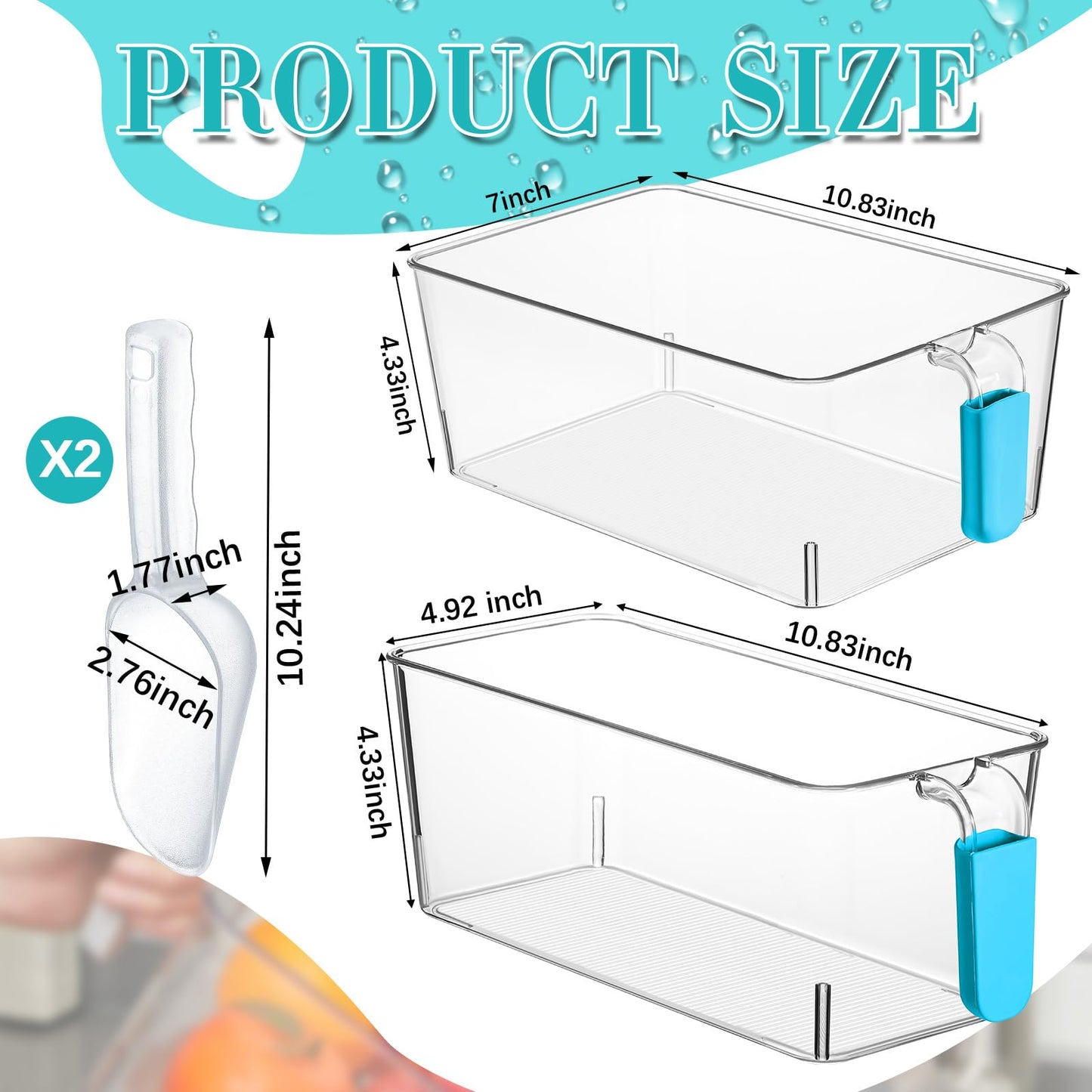 Havawish Ice Storage Bin and Flexible Scoop Set Plastic Freezer Bin with Pull out Handle Storage Bucket Clear for Container with Scoop(Light Blue,10.83 x 7 x 4.33 In,10.83 x 4.92 x 4.33 in,Classic)
