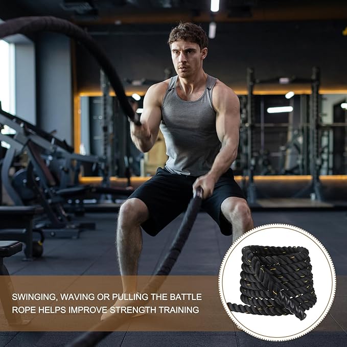MECCANIXITY Battle Rope 40ft x 2 Inch Polyester Workout Rope Heavy Fitness Exercise Rope for Strength Training Home Gym Muscle Building, Black Yellow