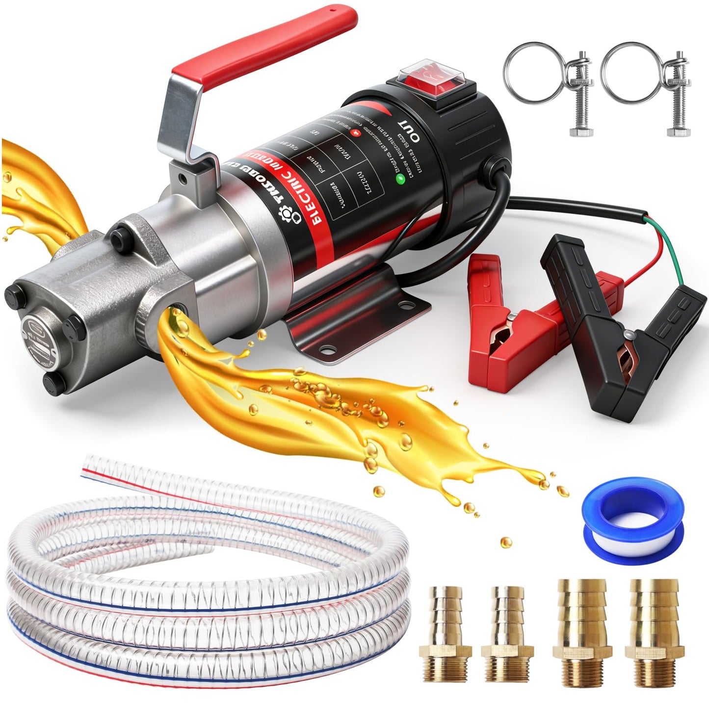 STEAUTY Oil Change Pump, 3.2 GPM Self Priming Gear Pump, 24V Electric Oil Transfer Pump with 10FT Steel Wire Hose, Rugged Metal Gears for Marine Boat Truck Excavators Industrial Machinery