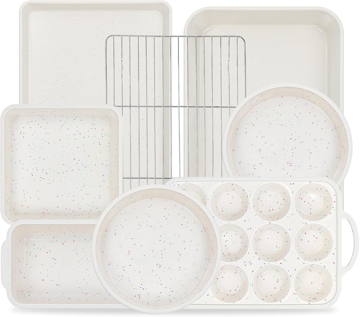Vinino 8-Piece Nonstick Baking Pans Set - Silicone Muffin, Loaf & Cake Pans with Metal Reinforced Frame & Roasting Pan | Oven Safe, Cream Color