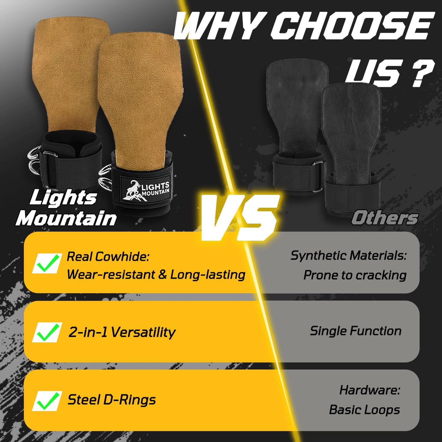 Lights Mountain Weight Lifting Straps with D Rings, Leather Palm Grip, 7mm Wrist Support Padding, Adjustable Fit for Cable Machines & Free Weights