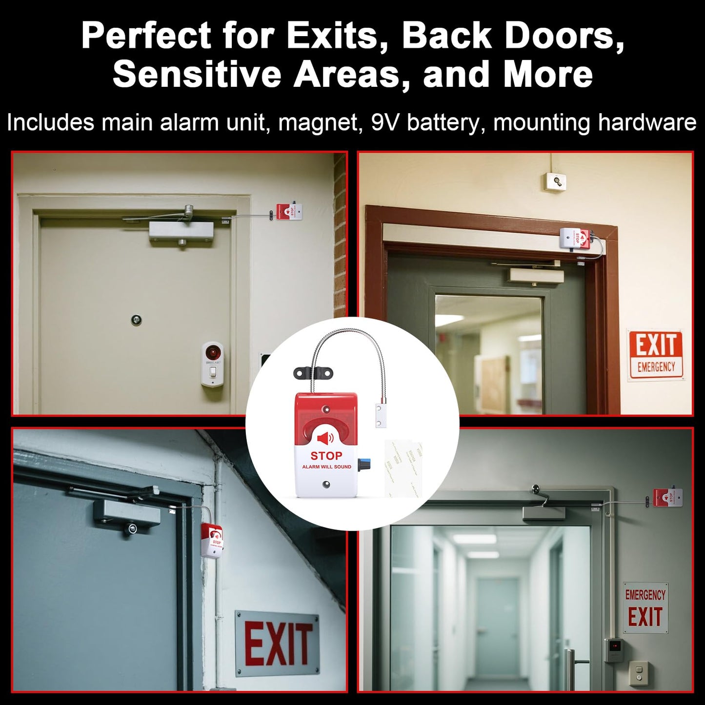 Exit Door Alarm with 110dB Siren, Emergency Exit Security Device, Easy Installation, Battery Powered, Magnetic Sensor for Unauthorized Entry Prevention, Home, Warehouse, Office, Retail Use