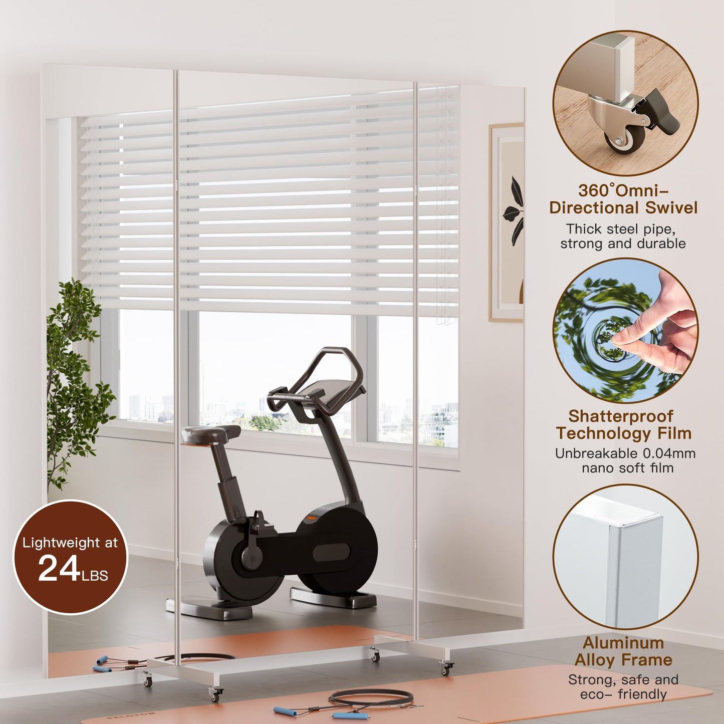 brisafe NanoMirror Non-Glass Ultra-Light Foldable Home Gym on Wheels, 55"x71" Extra Large Full Body Unbreakable Shatterproof Mirror, 360° Swivel for Yoga, Dance, Fitness Studio & Home Gym, Black