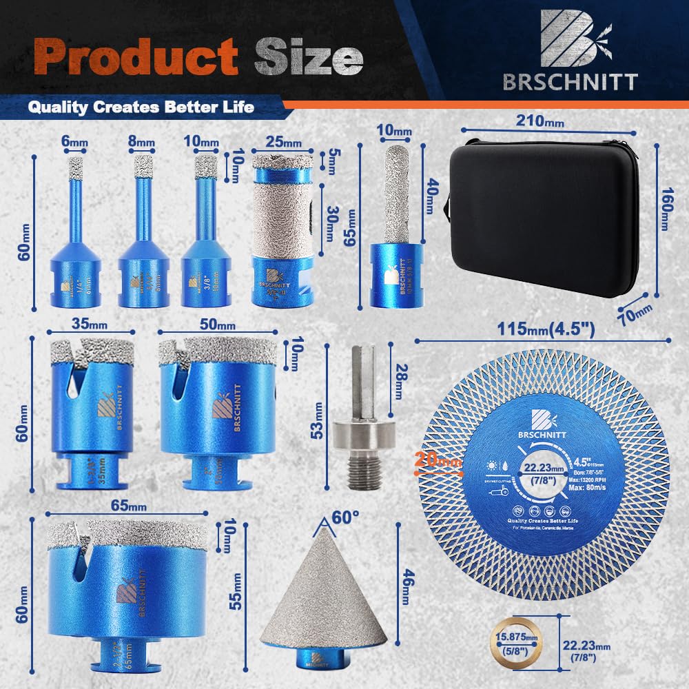 Tile Hole Saw Kit - BRSCHNITT Diamond Core Drill Bit 1/4" 5/16" 3/8" 1-3/8"2" 2-1/2"& 3/8" 1" Finger Bit & 2" Chamfer Bit for Porcelain Tile Ceramic Marble Granite & Diamond Blade