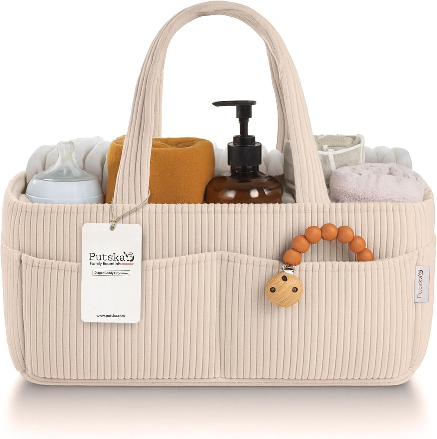 PUTSKA Baby Diaper Caddy Organizer - Stylish Nursery Storage Basket for Newborn Essentials | Corduroy Cream