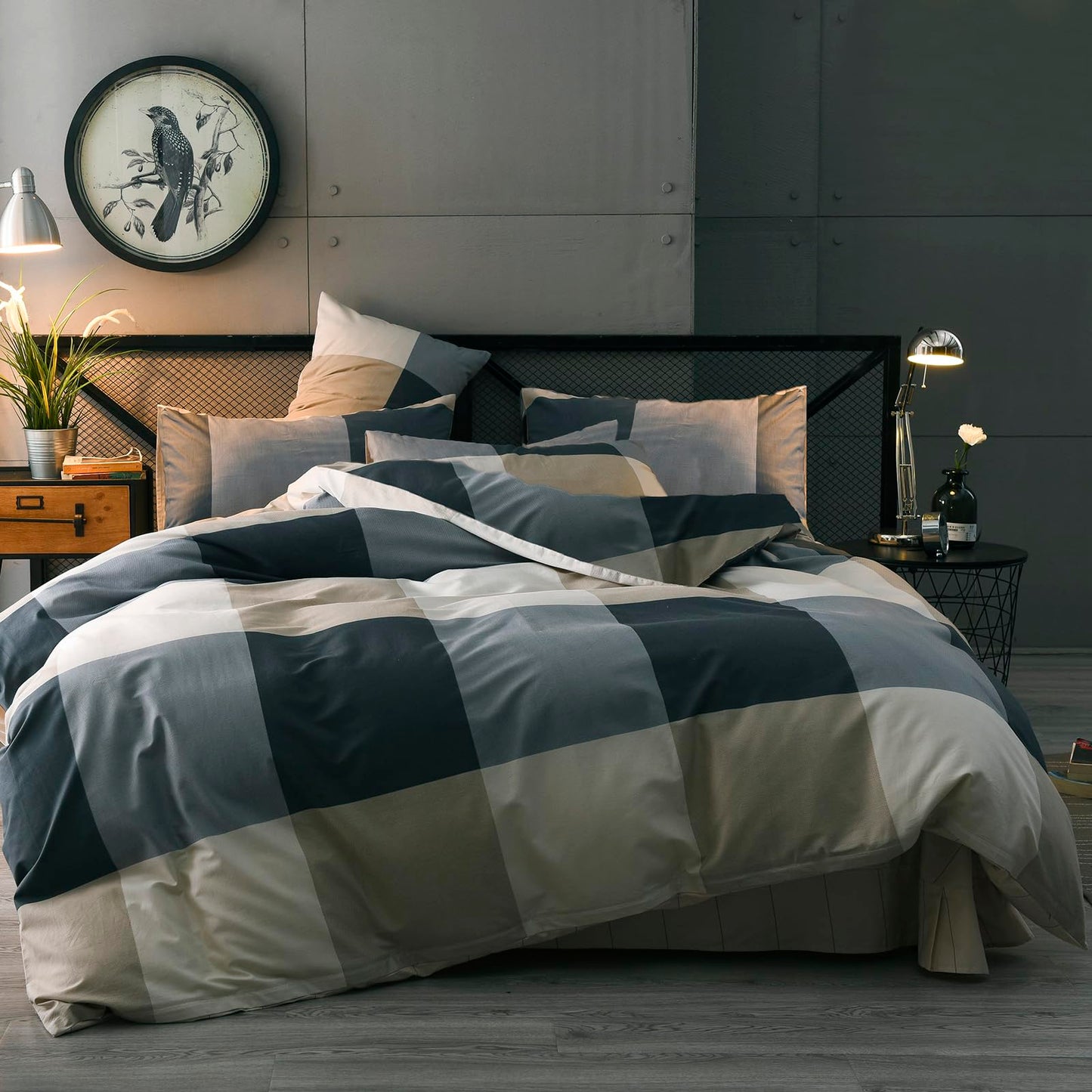 MKXI Plaid Comforter Set Queen Size, Geometric Checkered 3 Pieces Bedding Set Men Boys, Modern Style Comforter with 2 Pillow Shams All Season Soft Fluffy Bedding Set-(Tan,Dark Blue Grey,Khaki)