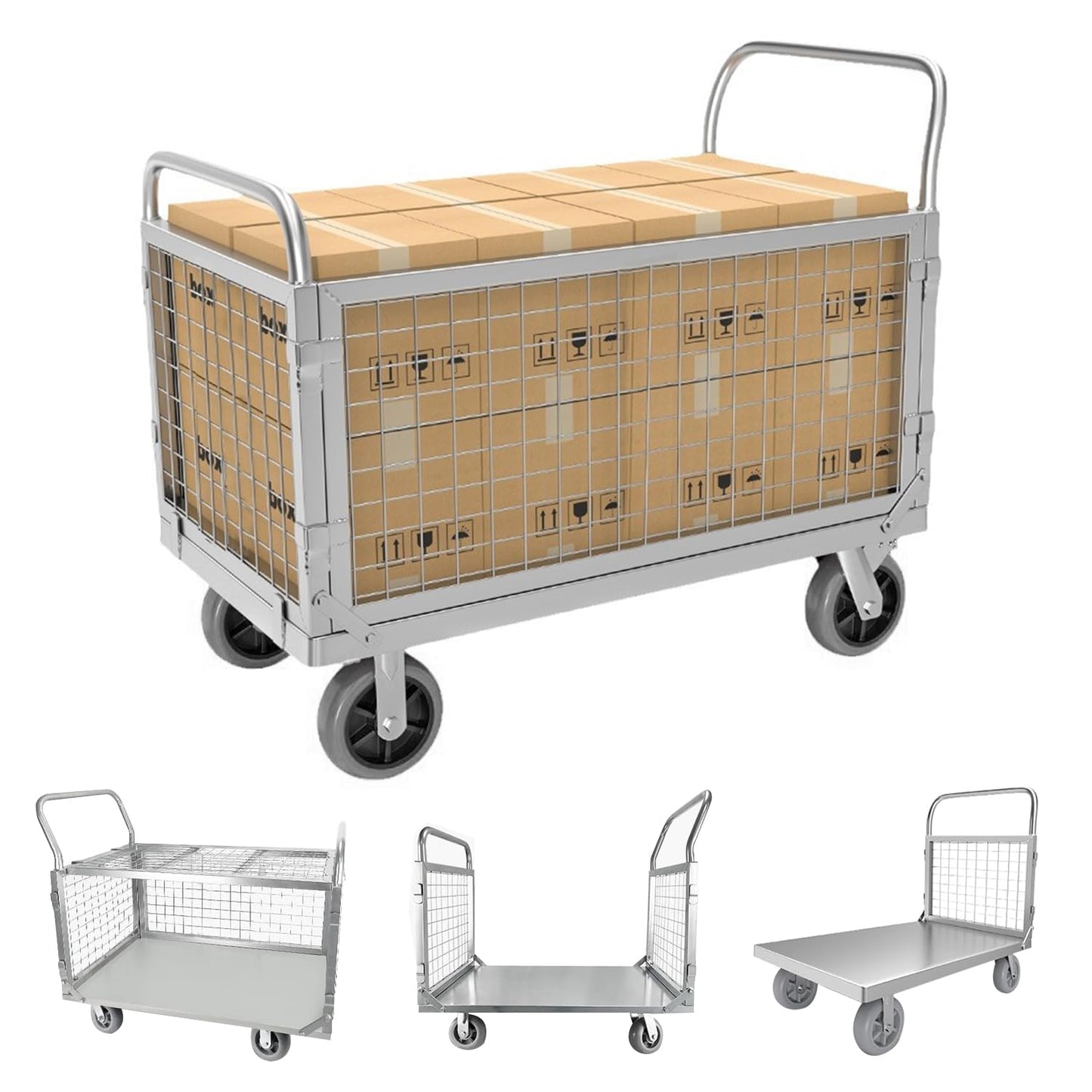 XINFUHUA Folding Platform Truck Cart with Cage, Flat Cart with Wheels and Handle, Flat Bed Dolly Can Load 1500 Pounds, Flat Rolling Cart with 6In Swivel Heavy Duty Brake Caster (35.4 inches in length)