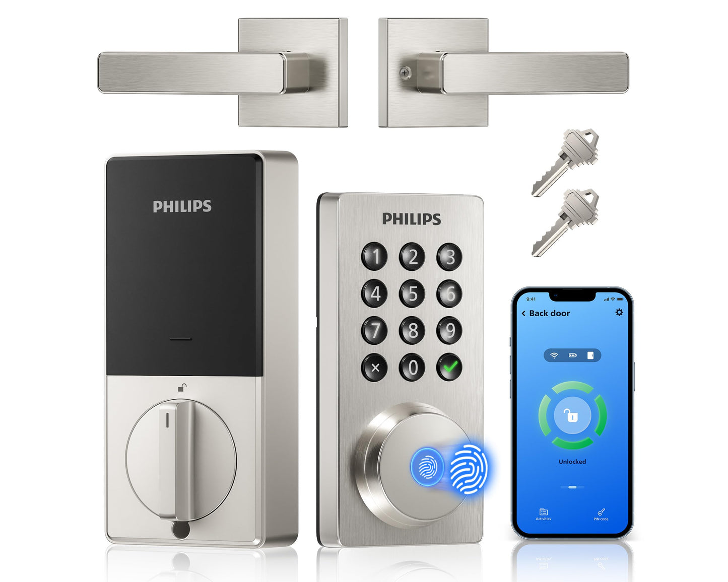 Philips WiFi Keypad Door Lock with Handle, Built-in WiFi, APP Remote Control, Voice & Fingerprint Unlock, Smart Locks for Front Door with Auto Lock, Keyless Entry Deadbolt, Satin Nickel