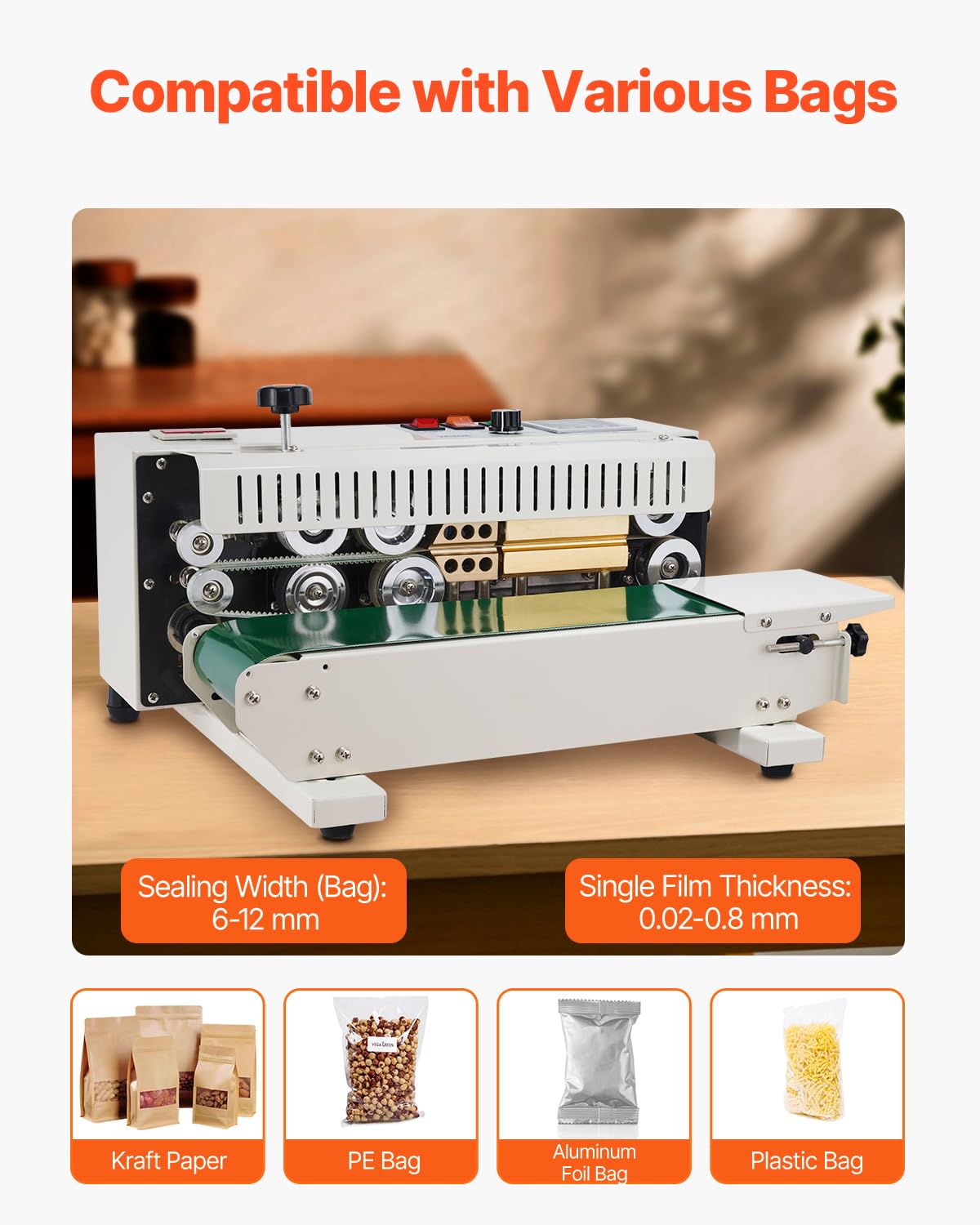 VEVOR Continuous Bag Band Sealing Machine FR900K Band Sealer Machine with Digital Temperature Control Horizontal Bag Sealer for 0.02-0.08 mm Plastic Bags Continuous Band Sealer w/Printing Function