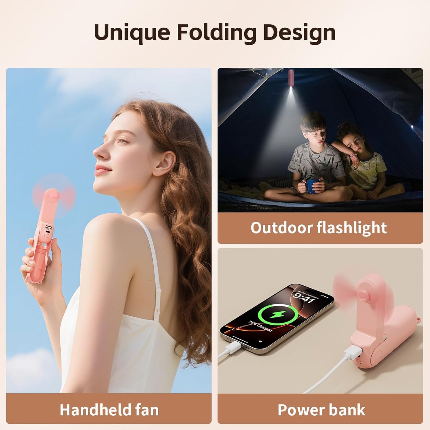 Skiennix Mini Handheld Fan - USB Rechargeable 3-in-1 Personal Cooler with Power Bank & LED Flashlight | Portable Pink Travel Essential