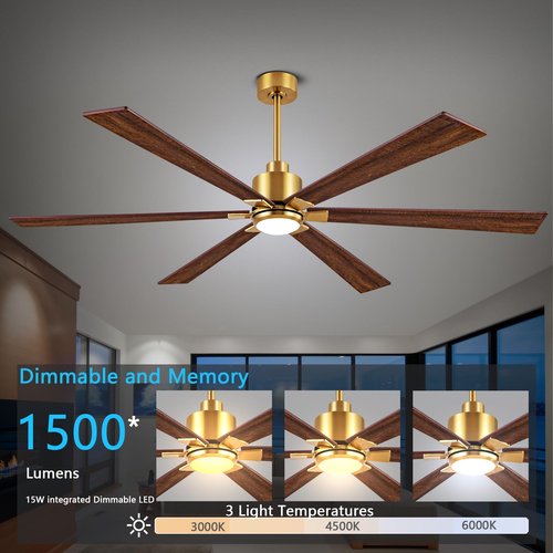 ducrew 72-Inch Ceiling Fan with Light and Remote Control, 6-Blade Wooden Fan for Large Rooms, Matte Gold Finish, Silent Reversible Motor