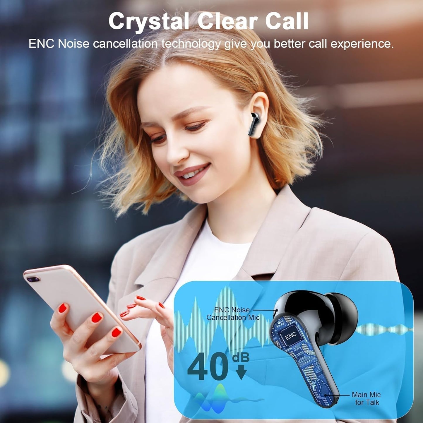 5.4 45H IP7 Wireless Earbuds, Bluetooth Headphones with ENC Noise Canceling Mics, in-Ear Earphones Deep Bass Stereo