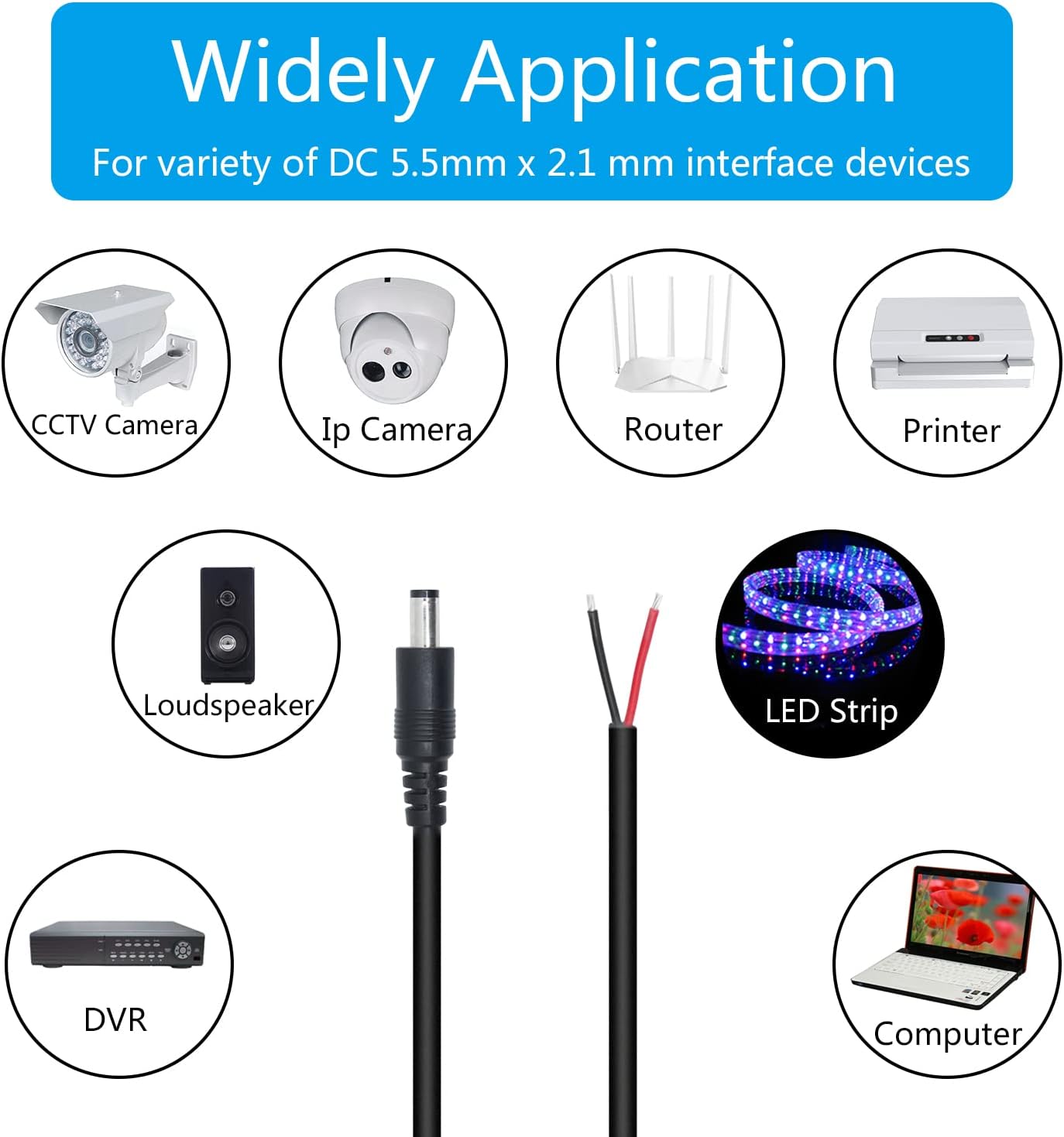 Maixbomr 12V Cable,1m/3.3ft 5.5mm 2.1mm Wire,18AWG 5521 Repair(2Pcs) DC Power Pigtails DC x Male Plug to Bare Wire Open