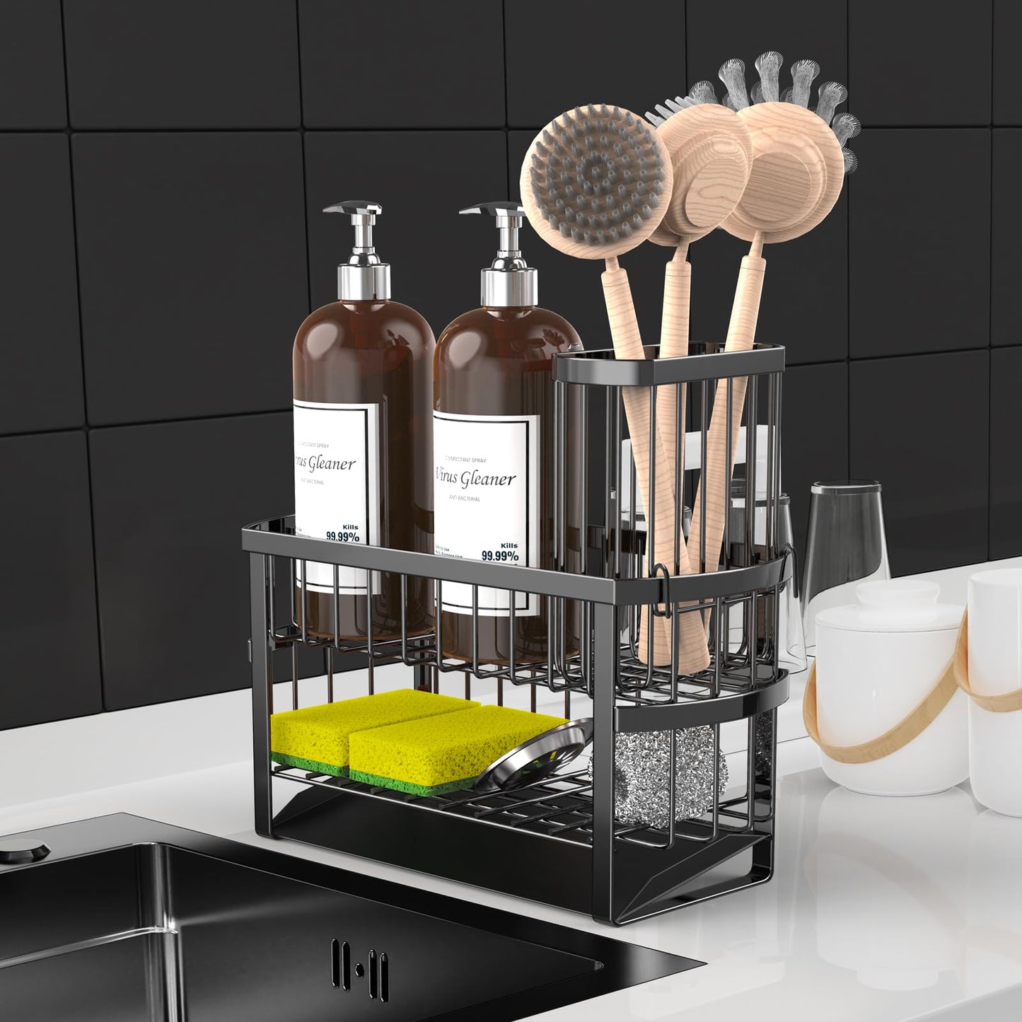 UEFFNR Kitchen Sink Organizer Caddy, 2 Tier Sink Caddy Organizer with High Brush Holder, Rust-Proof Countertop Rack (Black 10.6 * 4.3 * 5.7") for Kitchen Accessories & Dish Brushes