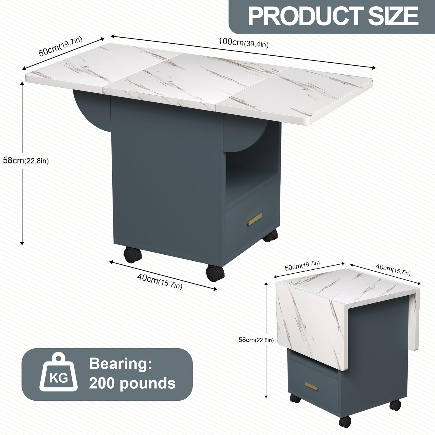mikibama 39.4" Wooden Folding Kitchen Island with Storage Cabinet & 4 Wheels,White Marble Color Top Rolling Mobile Cart,Expandable Dining Table for Small Spaces,Versatile Side Entryway Table
