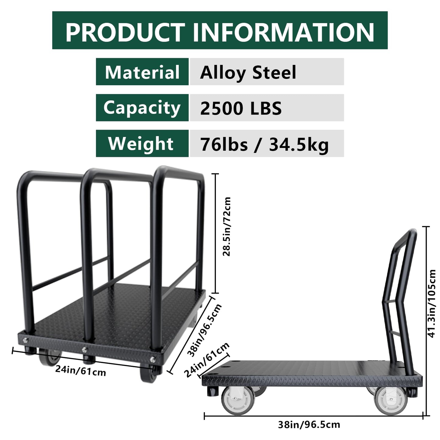POHADR Panel Cart 2in1 Drywall Cart 38" x 24" Platform Truck 2500 lbs Capacity Flatbed Cart with 1Front and 3 Side Handrails& Swivel Casters