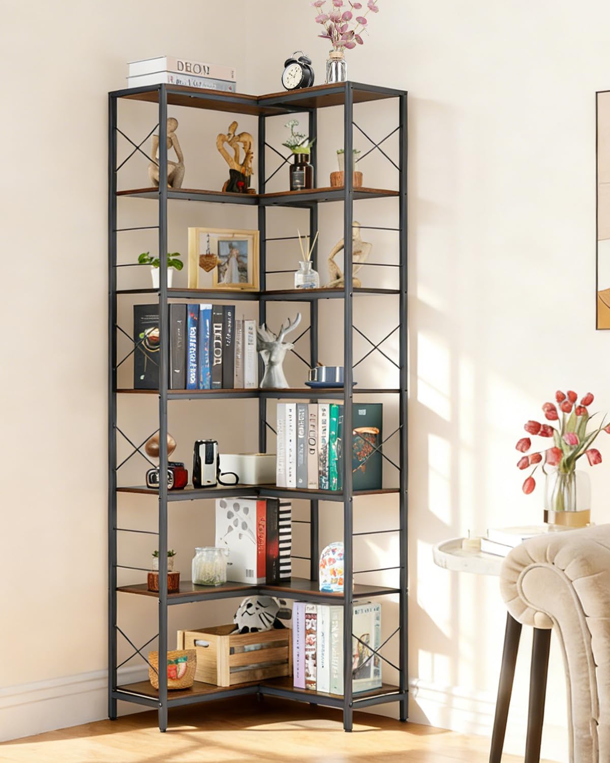 Garvee Corner Shelf, 7 Tier Industrial Corner Bookshelf, Wood and Metal Frame Large Bookcase, Freestanding Display Shelf for Living Room, Kitchen, Home Office, Rustic Brown