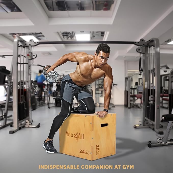 Yes4All Plyo Box, 3-in-1 Wooden Box Jumps for Home Gym (12/14/16?¯in), 450 lbs Boxes Step Up with Smooth Edges & Wide Built-in Handles for Jumping, Strength Training, Lunges, Squats, Dips