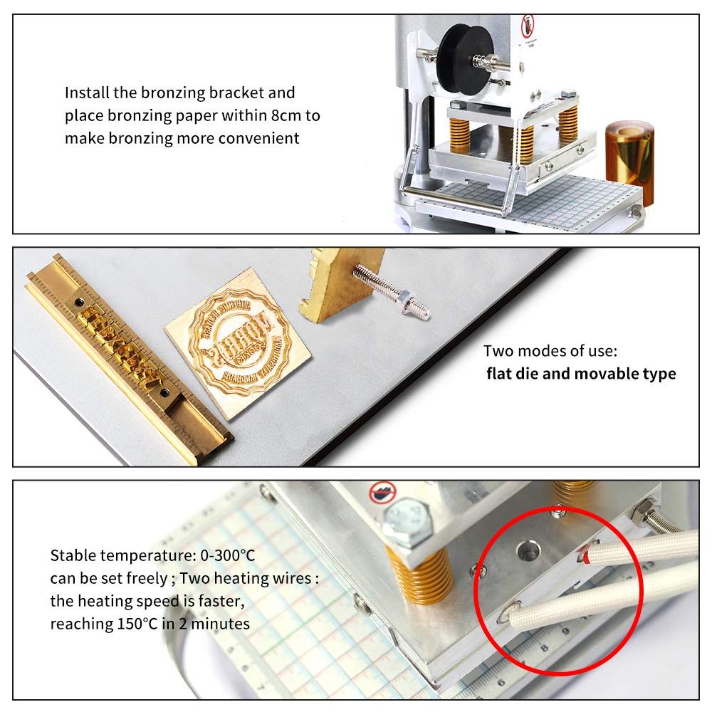 110V Hot Foil Stamping Machine 10x13cm with T-Slot & Movable Table for PVC Wood PU Leather Logo Embossing Bronzing