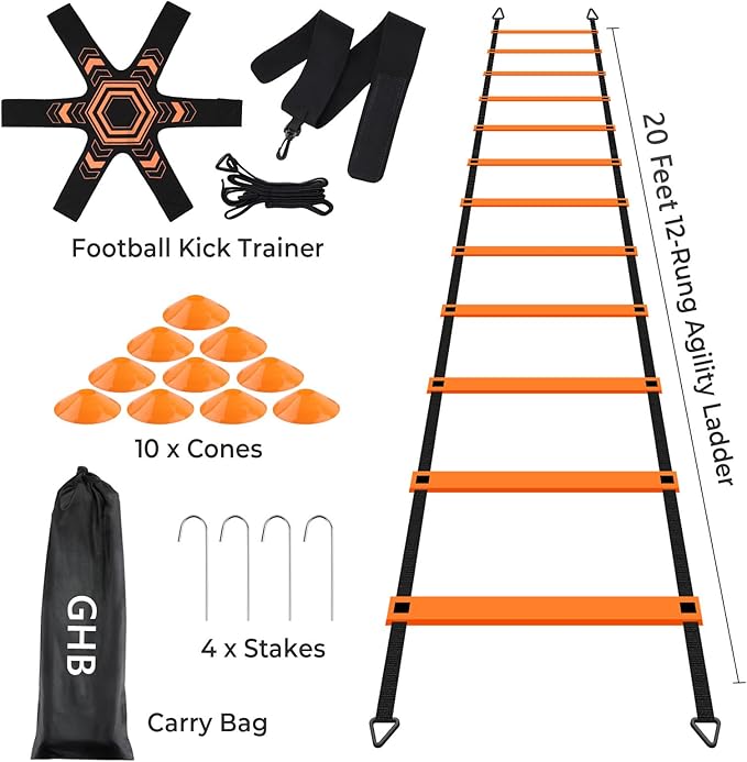 GHB Pro Agility Ladder Soccer Kick Trainer Set 20ft 12 Rung 10 Cones and 4 Stakes Speed Agility Football Training Equipment with Carrying Bag