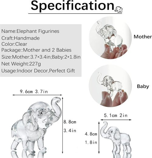 HDCRYSTALGIFTS Crystal Elephant Figurines Set - Lucky Glass Collectibles for Home Decor | 3.5'' Mother & 2'' Babies