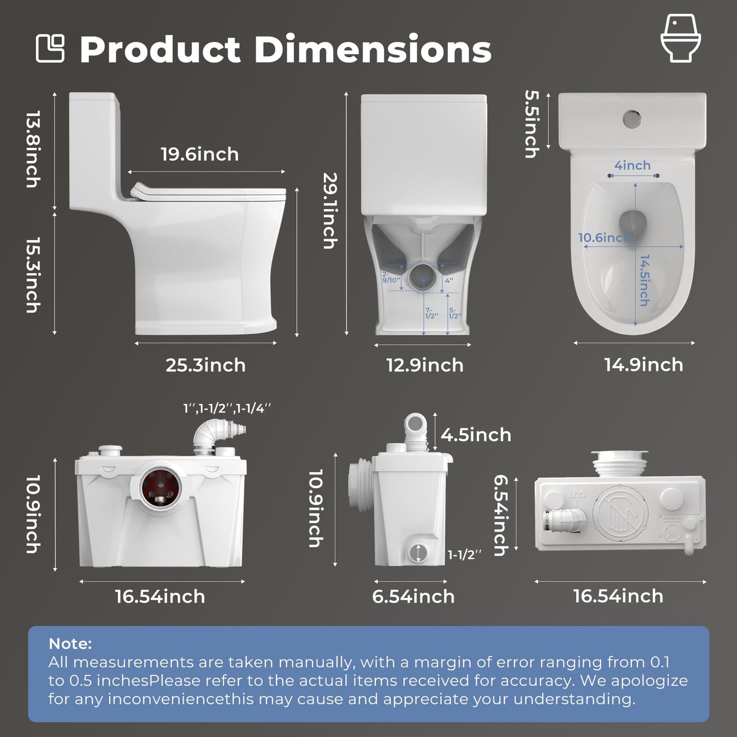 HOCANFLO Upflush Macerating Toilet System, Quiet Copper Motor Grinder Pump with 4 Inlets for Basement Toilet/Sink/Washer/Laundry Wastewater Disposal, One Piece Full Skirt, Nano-Glazed, 23ft Lifting Up