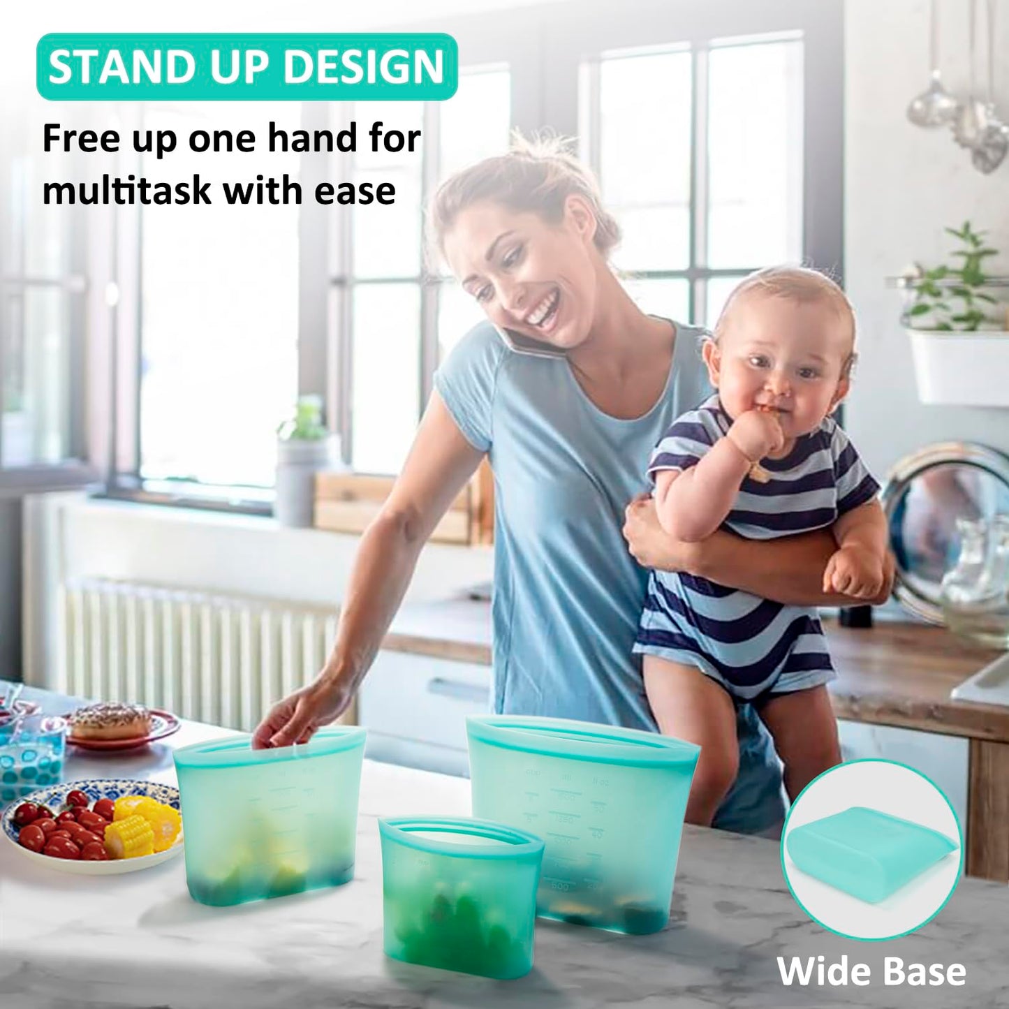 Annaklin Reusable Food Bags, 8 Pack 100% Silicone Food Storage Bags Stand Up Zip Lock Container, Freezer Microwave Oven Dishwasher Safe, 4 Medium 2 Small 2 Extra Small, Aqua