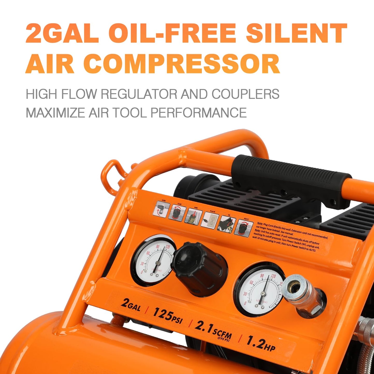 FORNAX Air Compressor Portable 2 Gallon, 1.2 HP 2.1 SCFM@ 90 PSI Oil Free, Max Pressure 135 PSI, 65 dB Silent Air Compressor for Auto Repair, Tire Inflation, Airbrushing, Nailing