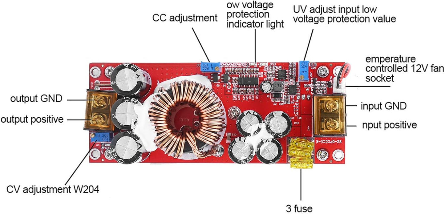 TIKATARER 1500W 10 60V 12 97V DC DC Boost Converter, to Step Up Power Module, with Smart Temperature Control Fan