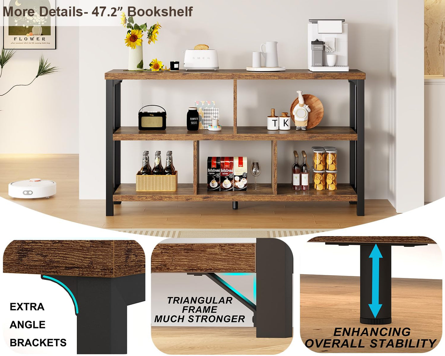IBF Farmhouse 3 Tier Open Book Shelf, Wood and Metal 5 Cube Storage Organizer, Modern Low Horizontal Bookshelf for Bedroom Living, Long Wide Office Cubby Bookcase with Storage, Rustic Brown, 47 Inch