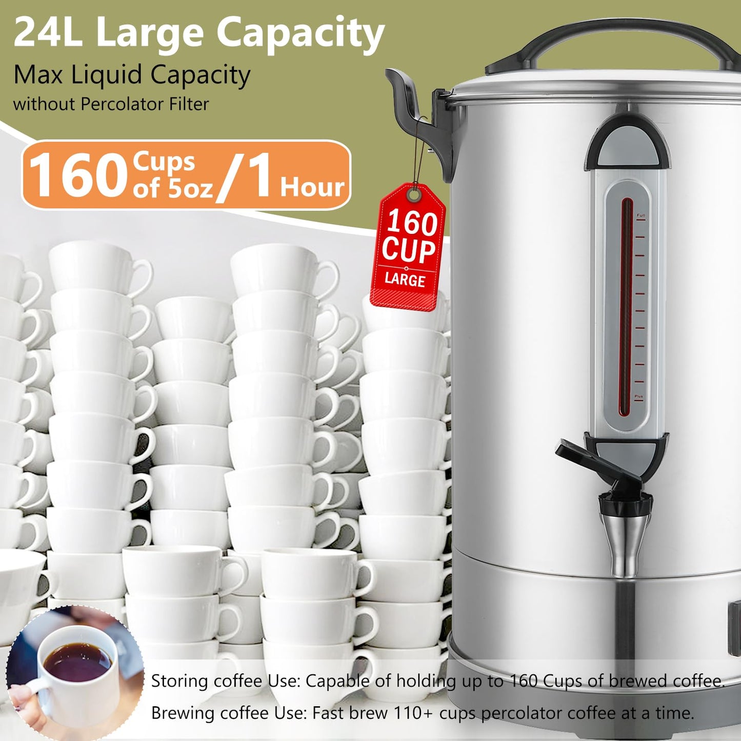 Commercial Coffee Urn 160 Cups Hot Beverage Dispenser 24L Large Coffee Urn Stainless Steel Coffee Maker Dual Layers for Coffee Break Business Catering Church Restaurant