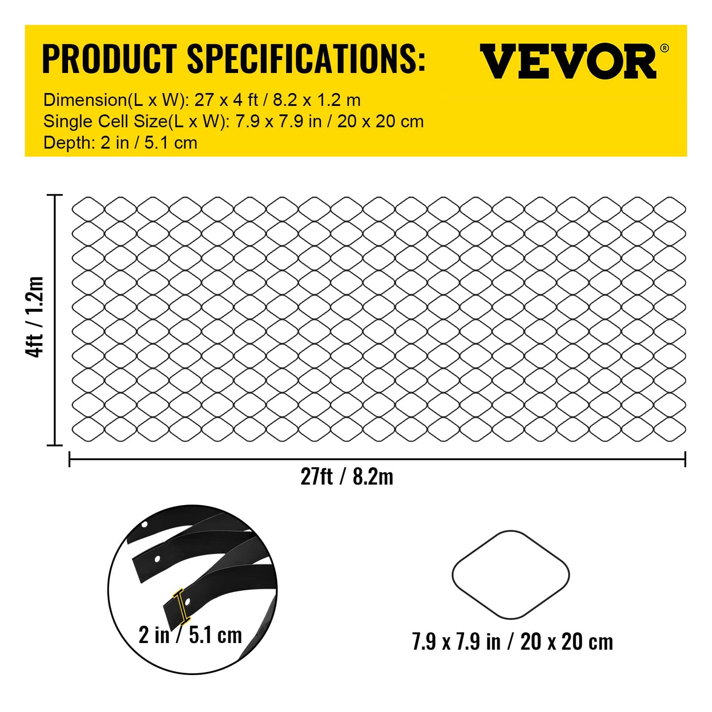 VEVOR Ground Grid 27 ft x 4 ft, 1885 lbs per Sq Ft Load Geo Grid, 2" Depth Permeable Stabilization System for DIY Patio, Walkway, Shed Base, Light Vehicle Driveway, Parking Lot, Grass, and Gravel