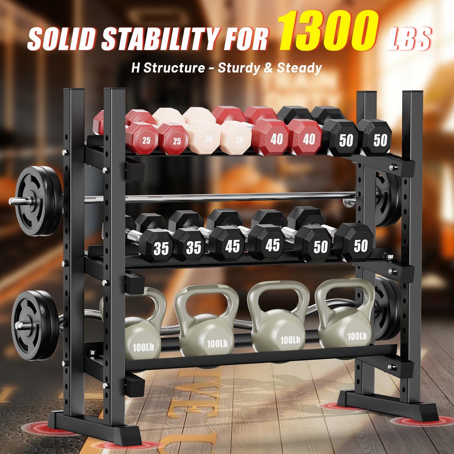 3-Tier Dumbbell Rack, 1300LB Capacity Adjustable Weight Rack for Home Gym, Heavy-Duty Weight Storage Rack for Dumbbells Kettlebells & Barbells (Rack Only)