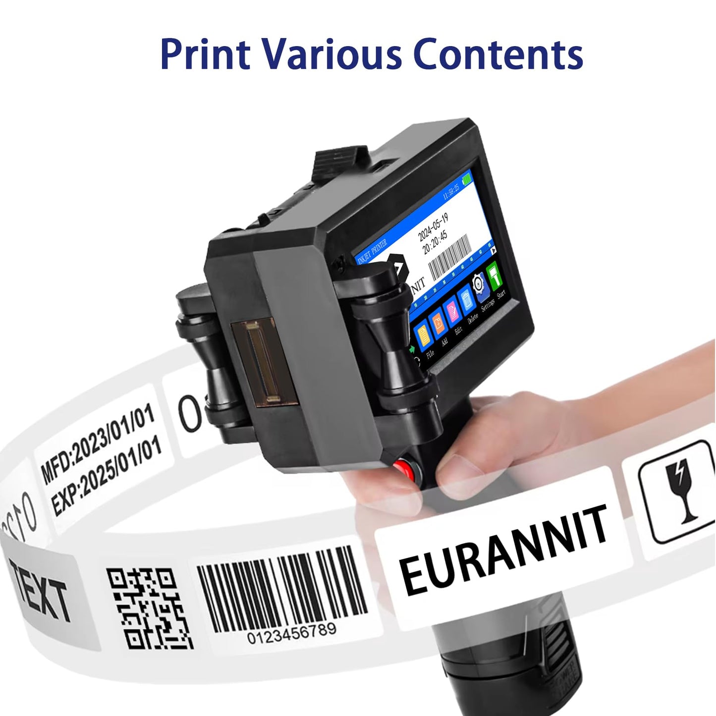 Eurannit E15-1 Portable Inkjet Printer - 4.3" Touchscreen for Text, Logo, Date, Barcode, QR Code | Includes 25.4mm (1") Ink Cartridge & Protective Carrying Case