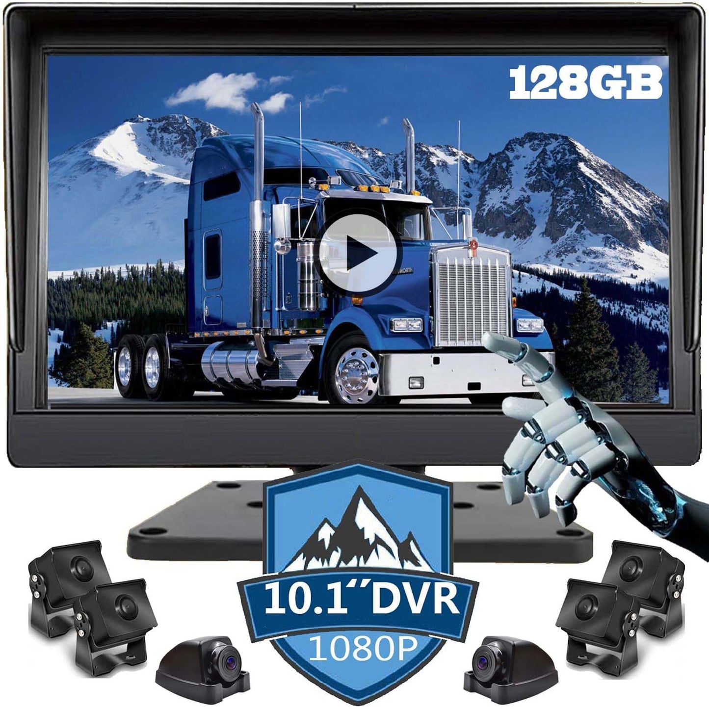 6 Channel Alarm Sensor Large 10.1 inch 1080P Backup Camera Audio Monitor & Built-in 128GB DVR Dash Cam for RV Truck Trailer Rear Side Front Reversing View Wired System Waterproof Avoid Blind Spot