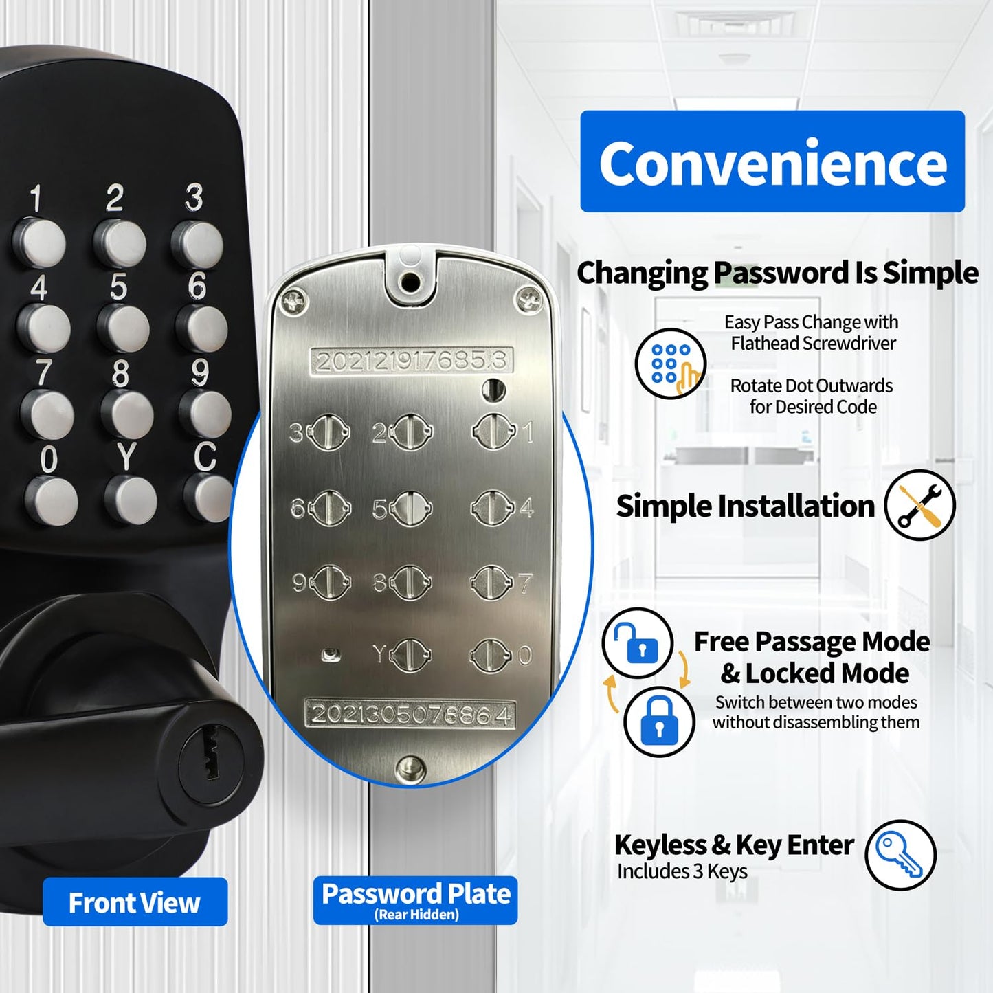 MUTEX Mechanical Keyless Lock w/Both Key & Keyless, Big Panel for Comfortable Key Press, Suitable for Home and Office, Super Durable - 100% Mechanical, All Metal, No Battery Needed