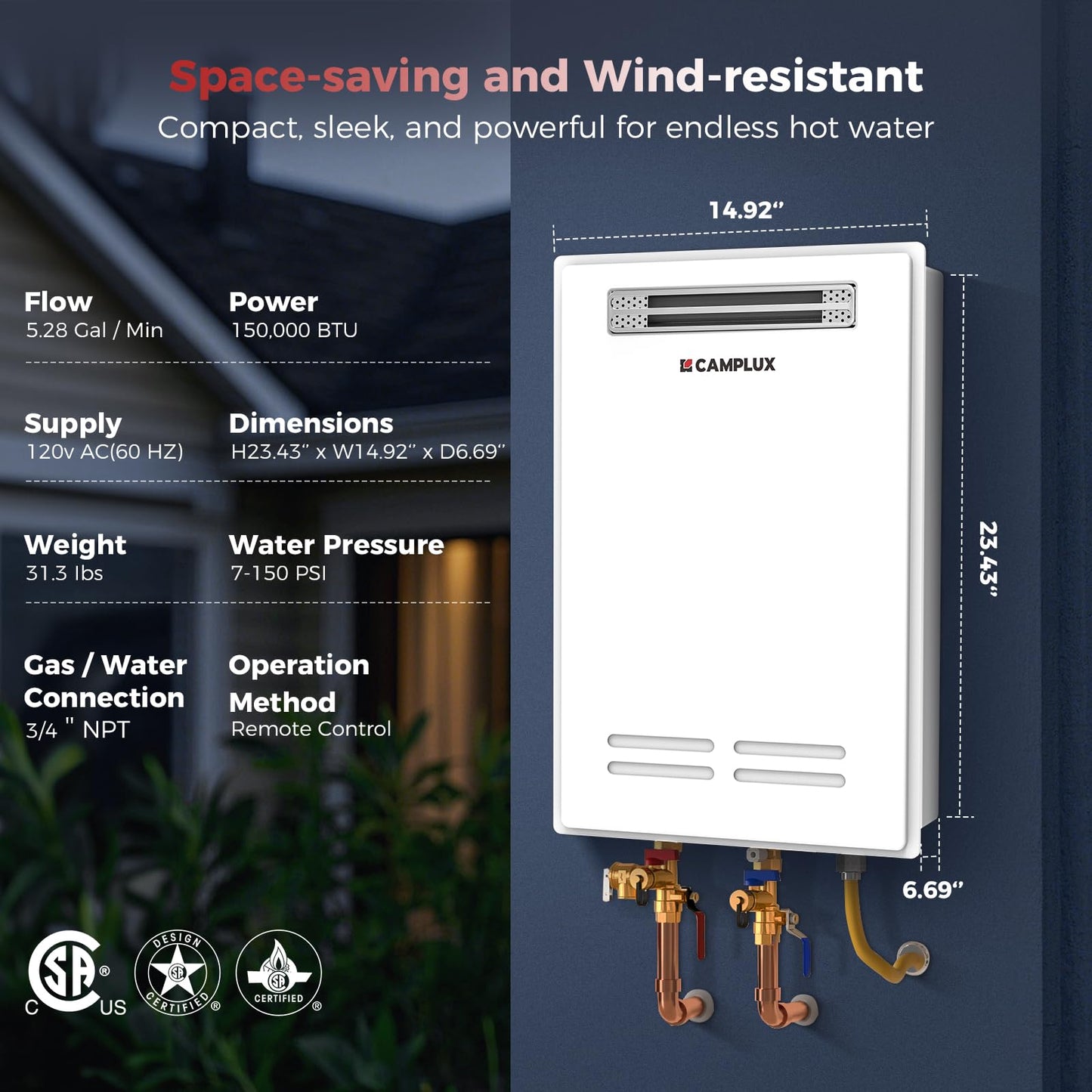 CAMPLUX Climatech 5 Tankless Water Heater Gas Outdoor 5.28 GPM Up to 6.4 GPM, 150,000 BTU, CSA Certified On Demand Instant Tankless Hot Water Heater Natural Gas, Outdoor Installation, WA528