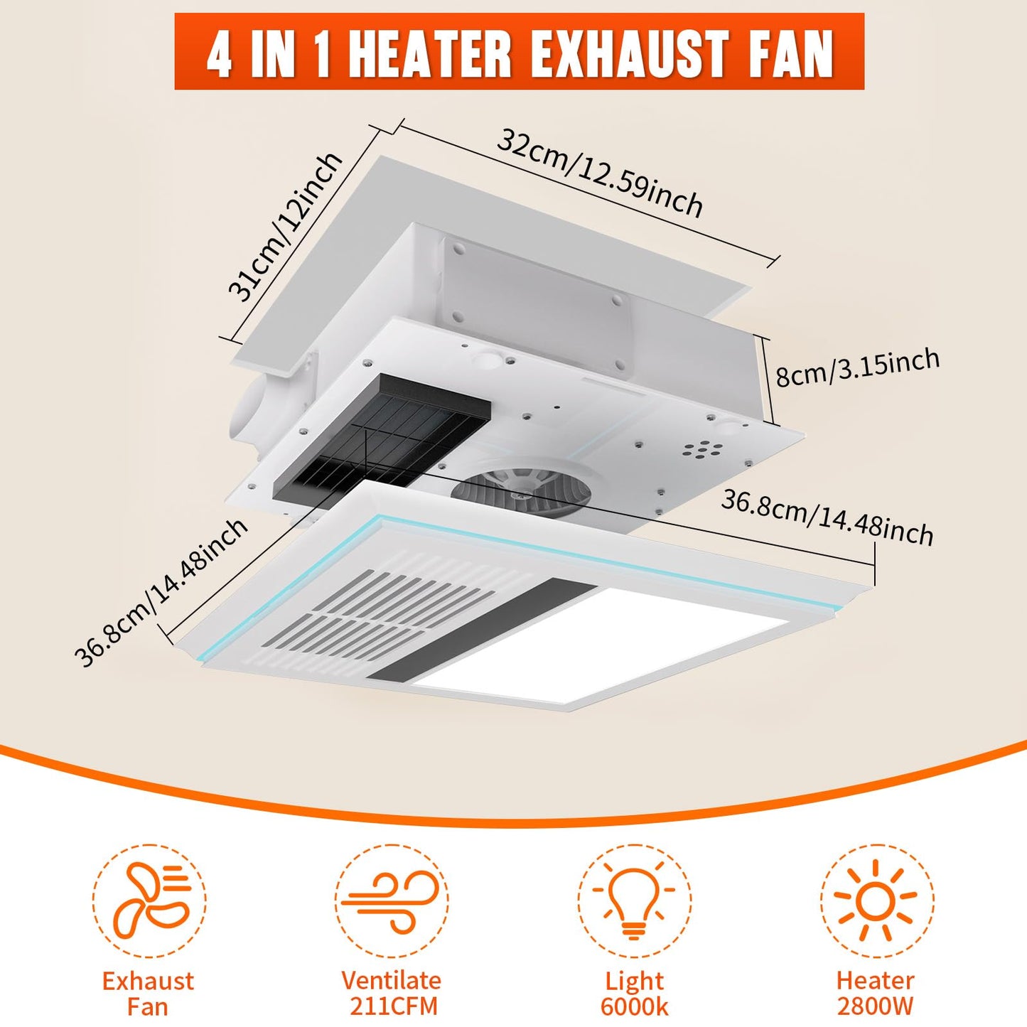 Fantspati 4 in 1 Bathroom Exhaust Fan with Heater and Light, 2800W Heater, 211CFM, 5-Color Mood Lighting, Low Noise, with Wall Control for Bathroom and Toilet