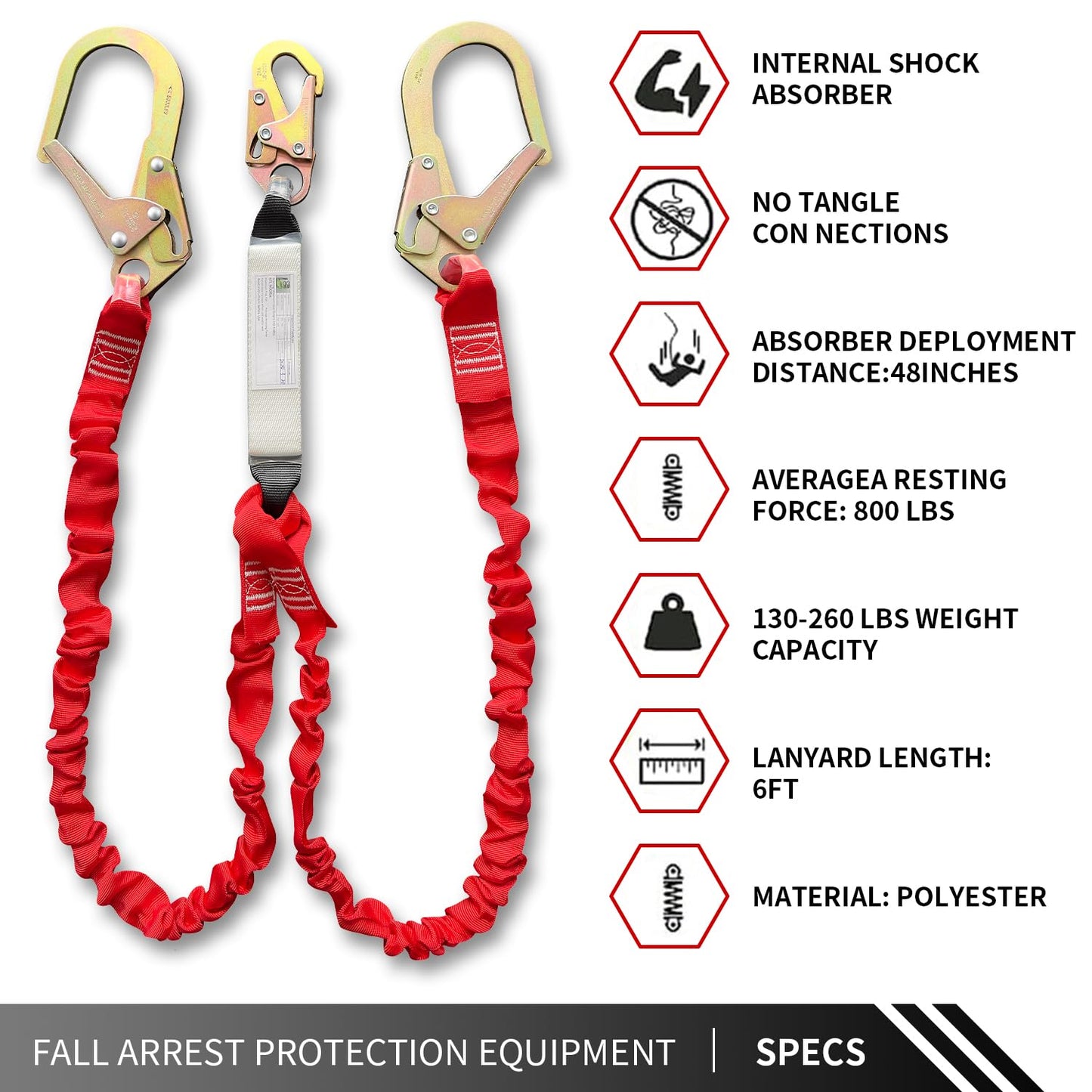 Safety Harness Fall Protection Lanyard-6FT Double Leg Internal Shock Absorbing Safety Lanyard for Consturction,Roofer, Scaffolding -Heavy-Duty Hooks| OSHA & ANSI Rated(Red, 2 Leg)