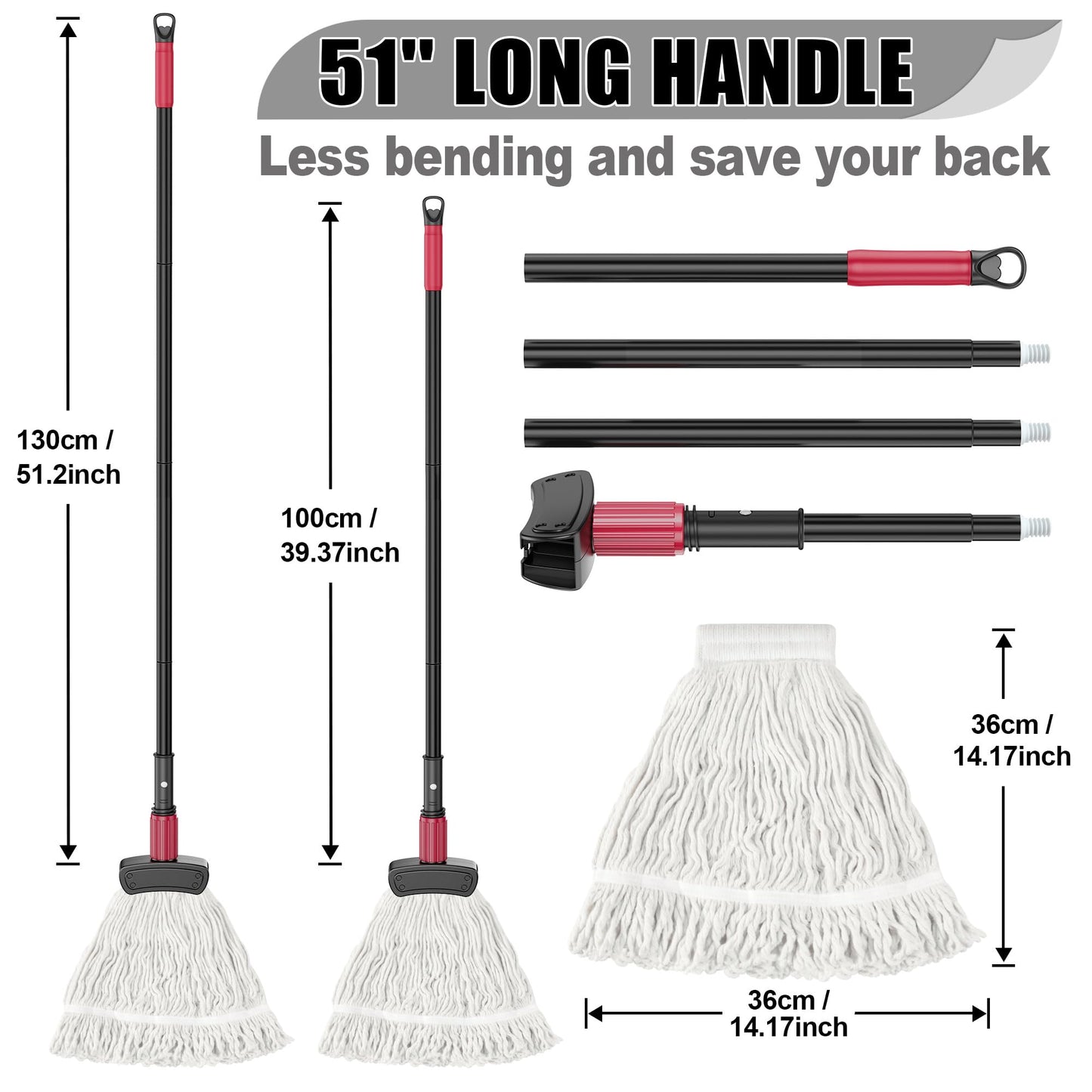 IOPRETTY Commercial Mops for Floor Cleaning - Looped-End Heavy Duty Wet Mop with Long Handle for Hardwood Wood Tile Vinyl - Reusable Cotton Head for Home Garage Kichen Bathroom
