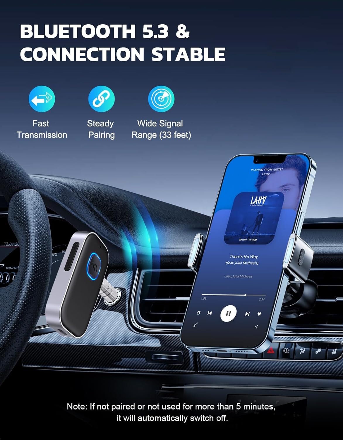 COMSOON 3.5mm 16H Bluetooth Receiver for Car, Noise Cancelling AUX Bluetooth Car Adapter, Wireless Audio Receiver